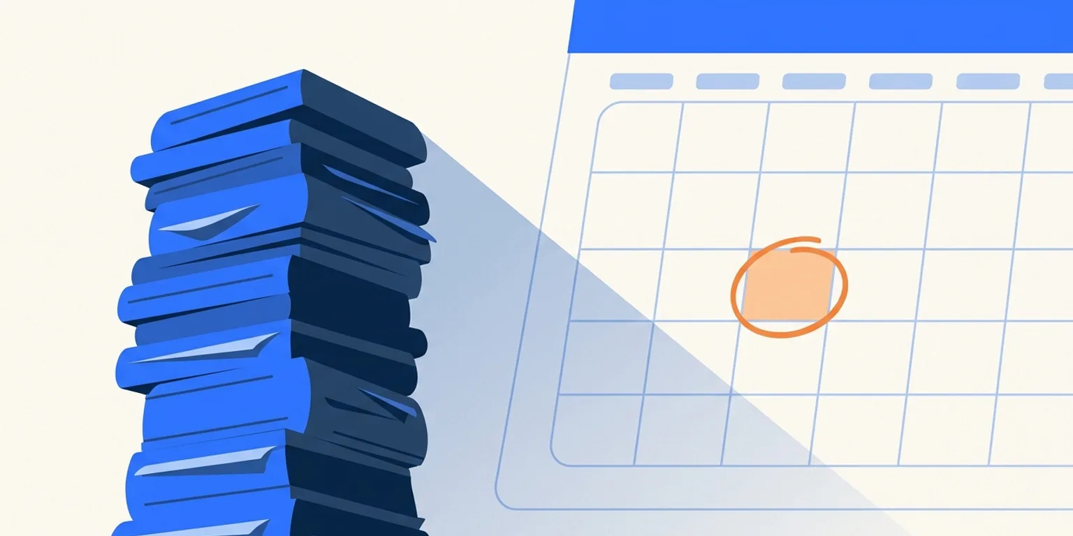A tall stack of blue documents casts a long shadow toward a wall calendar with one date circled in orange