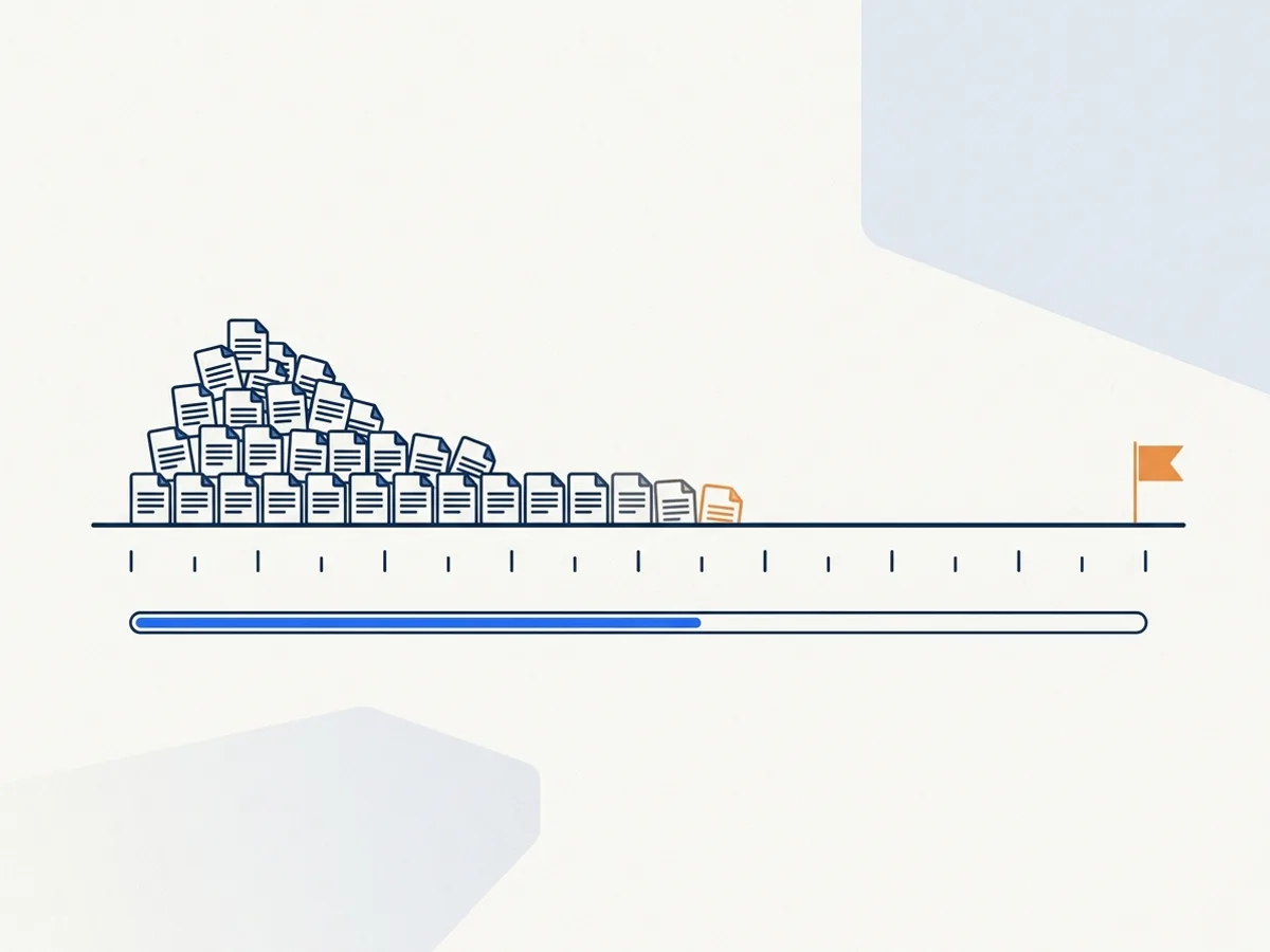A row of stacked documents thins out along a timeline toward an orange goal flag, above a progress bar at the halfway point