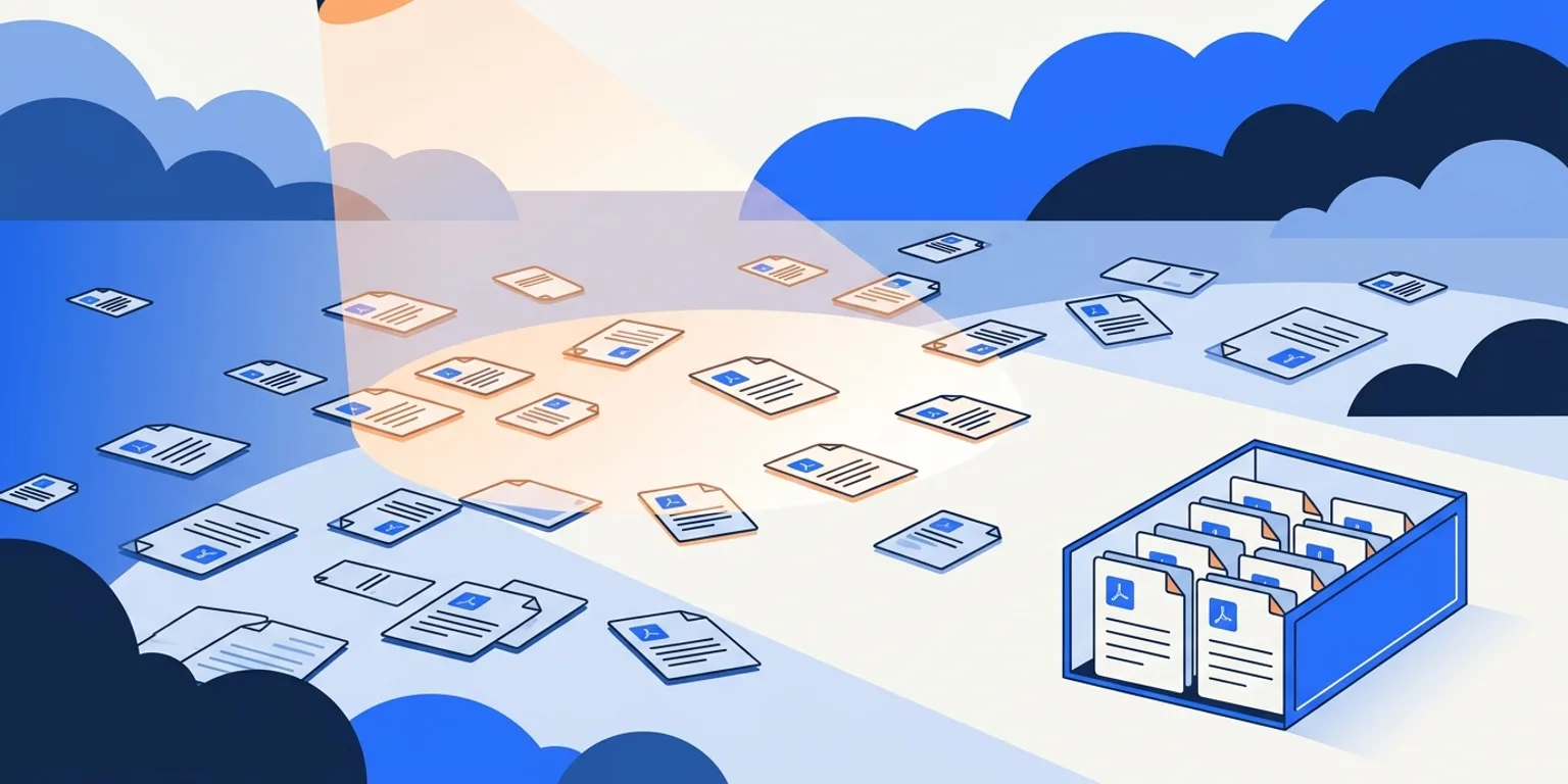 A spotlight sweeps over scattered PDF documents between dark clouds; only a small archive box in the corner holds a few files