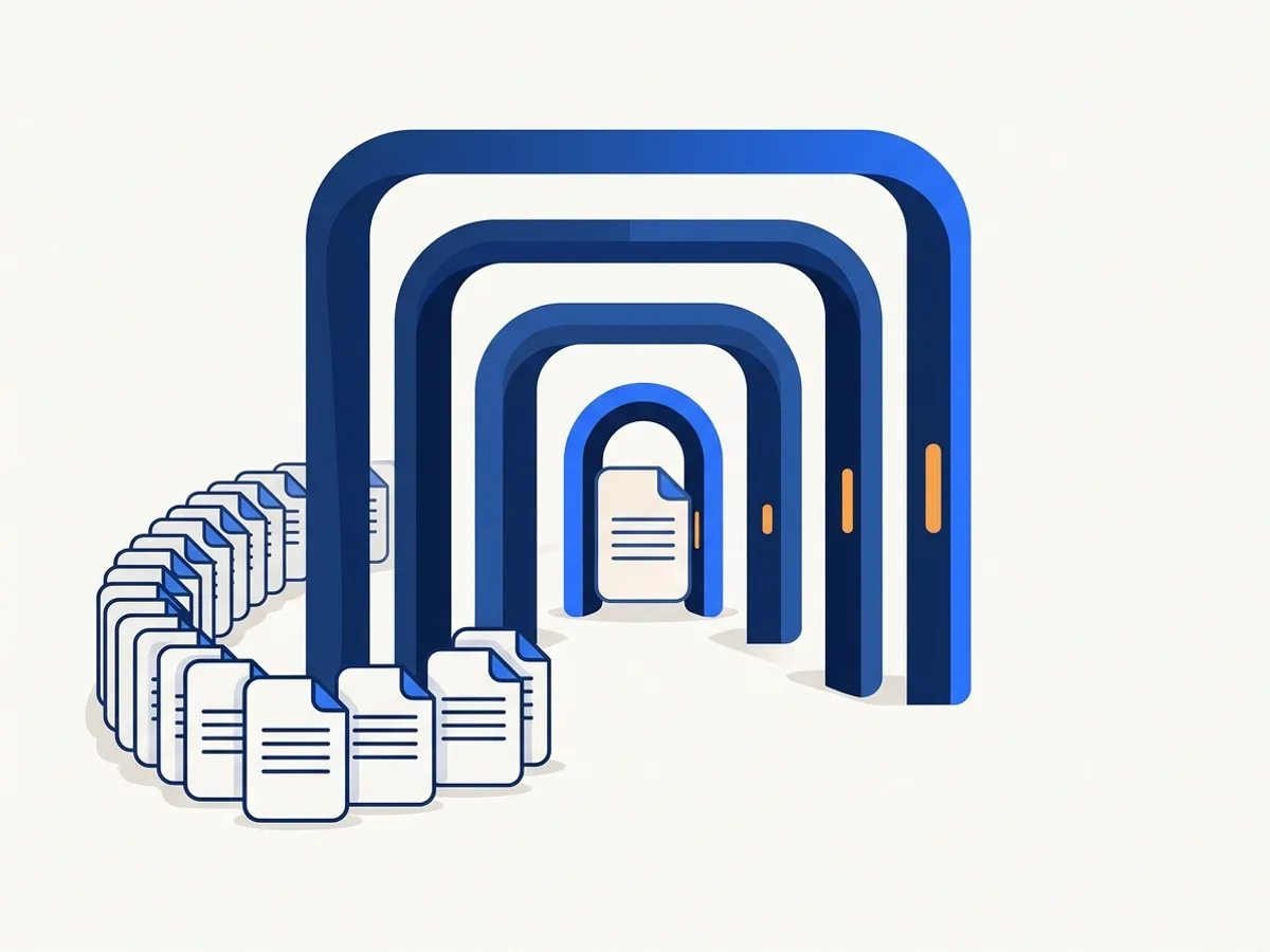 Nested doorway arches shrink toward a single document at the center while a queue of documents winds outside the entrance