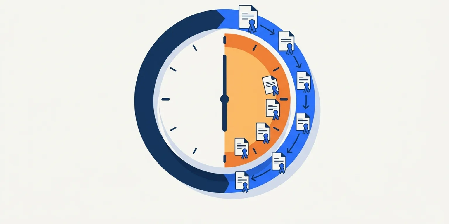 A clock split between a finished light half and an orange working wedge, ringed by agenda documents moving step by step