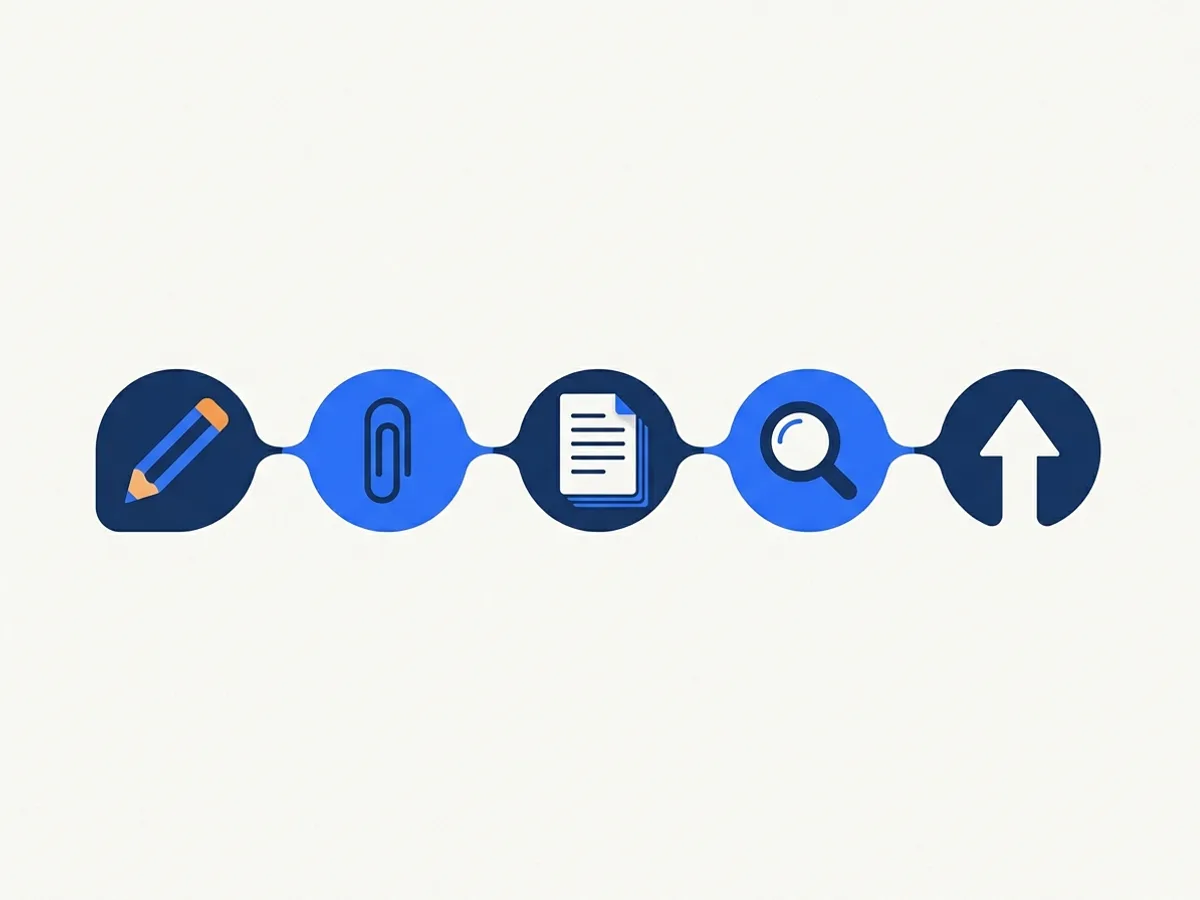 Five linked circular steps: write, attach, document, review, publish — drawn as pencil, paperclip, pages, magnifier and upload icons