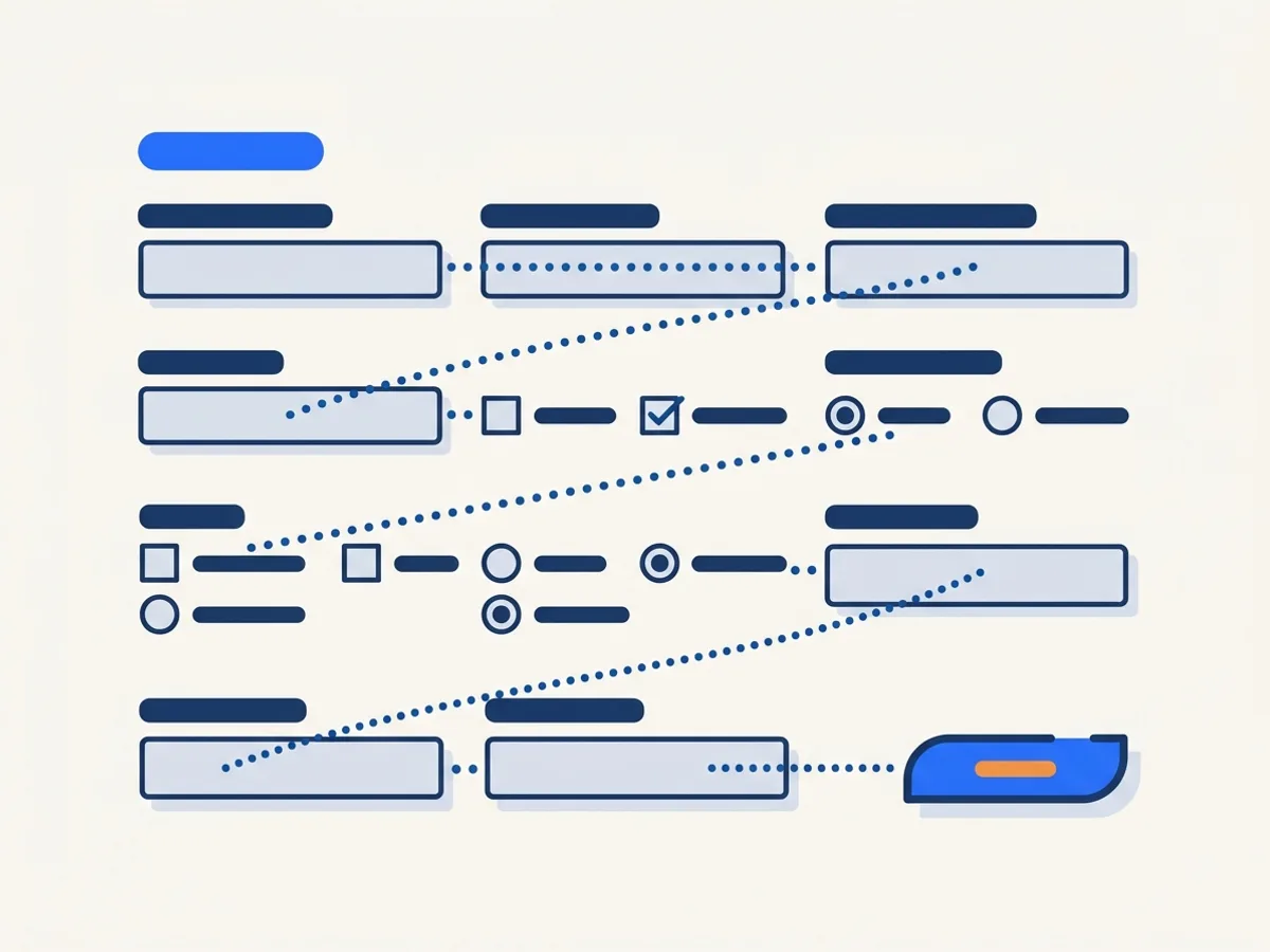 A form skeleton with checkboxes, radio buttons and text fields connected by a dotted tab-order path ending at an orange submit button