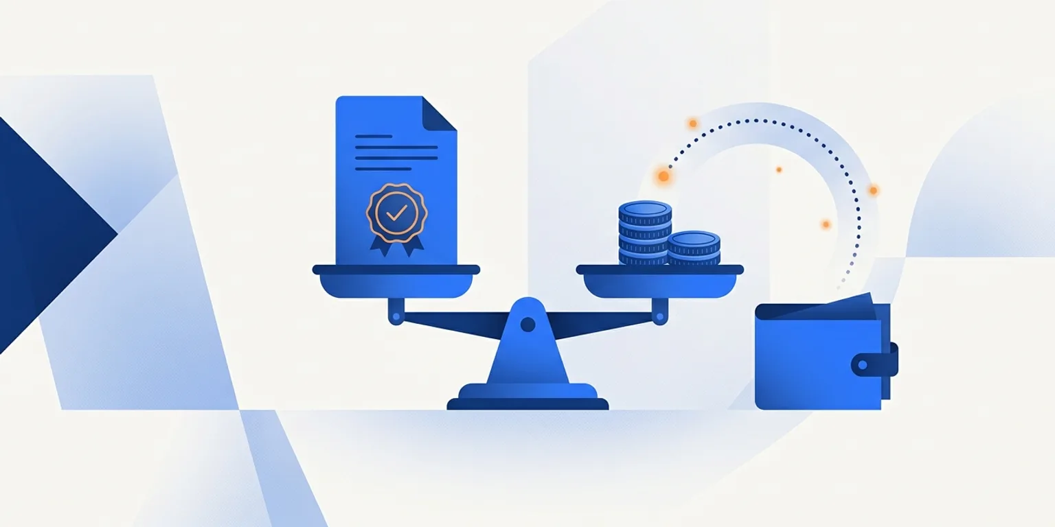 A balance scale weighs a verified document against a stack of coins, with credits arcing back toward an open wallet