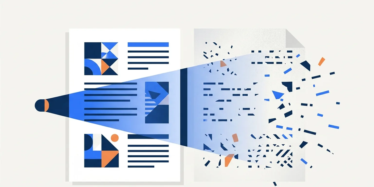 A scanner beam reads a clean structured page on one side and dissolves into scattered fragments over a torn page on the other