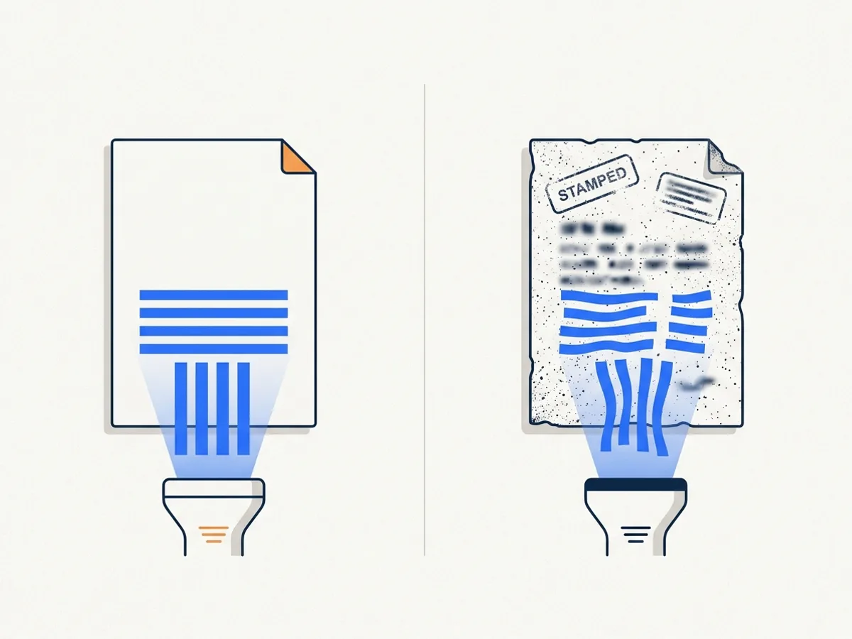 Side by side: a clean page scans into orderly lines, while a stamped, speckled page scans into wavy distorted lines