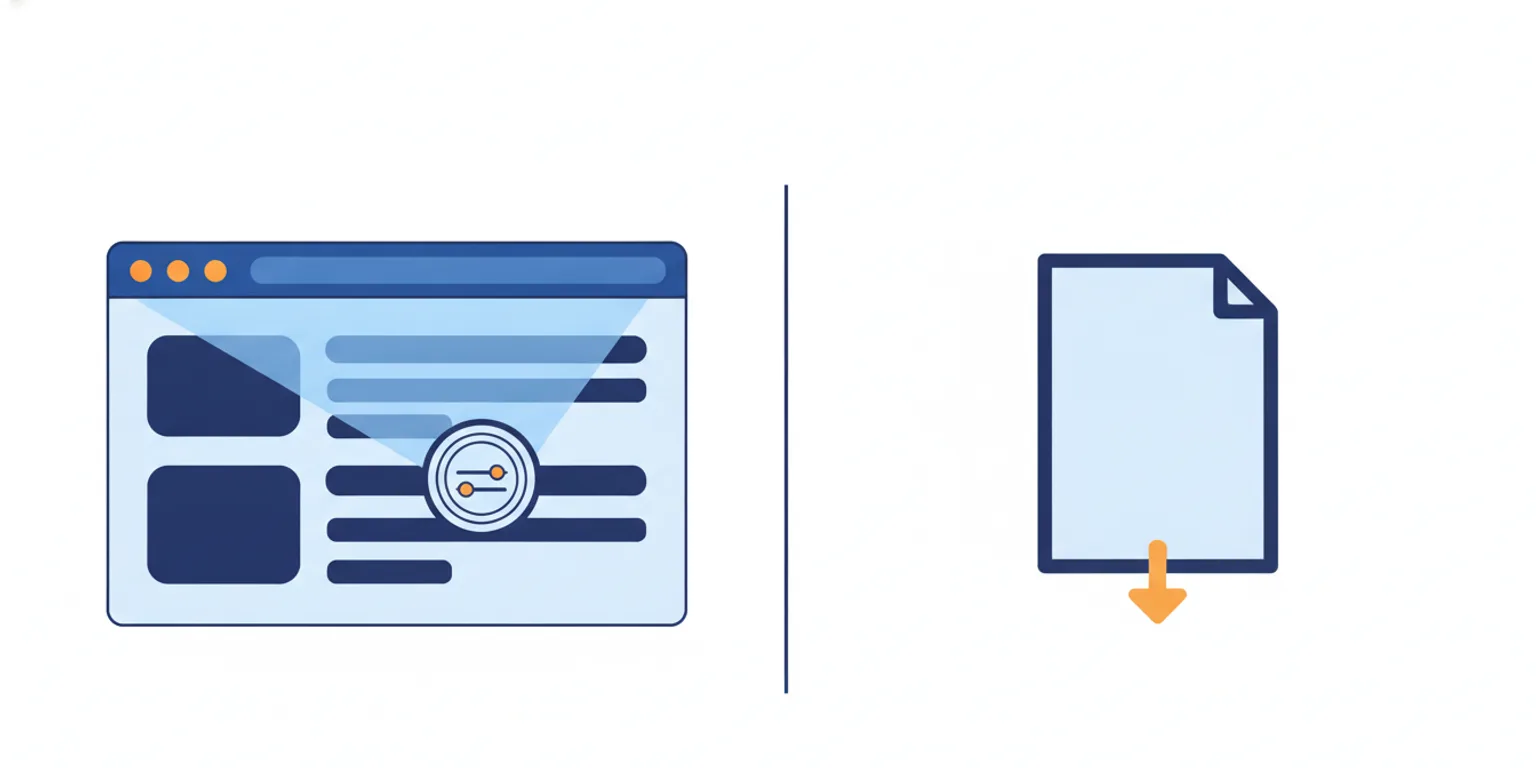 A browser window lit by a control puck's beam that stops dead at a vertical line, beside an untouched blank document with a download arrow
