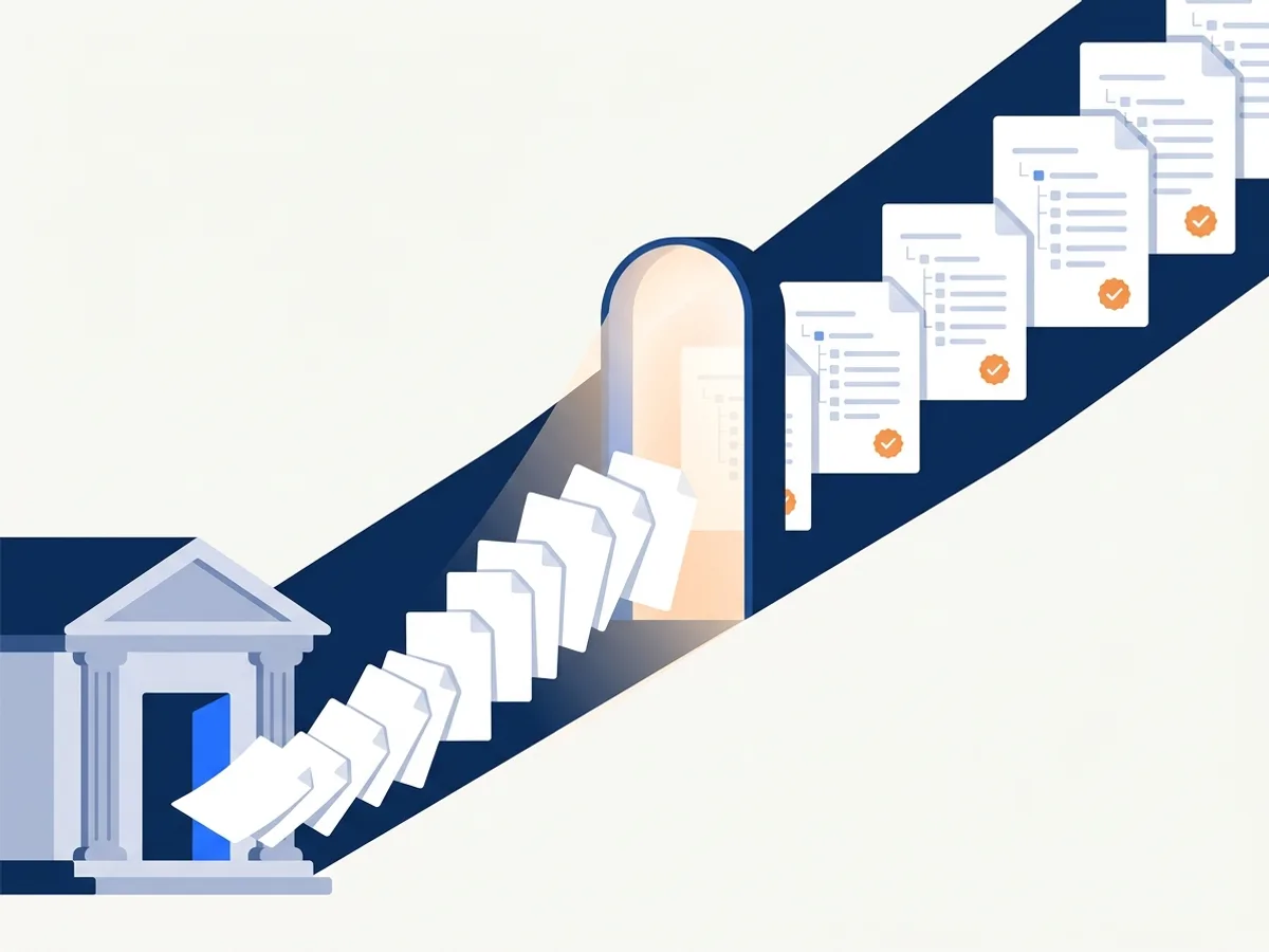 A civic building sends a stream of documents through a glowing arch, emerging tagged and checked