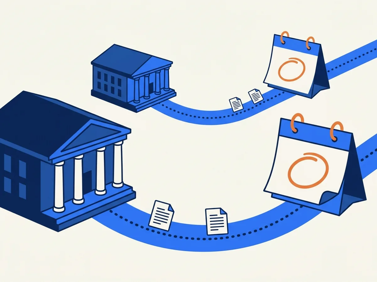 A large and a small civic building each follow their own path to a separate calendar date