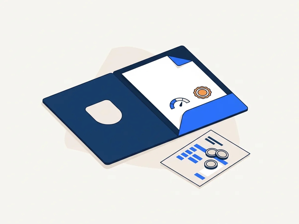 An open folder with a blank badge holds a report bearing a gauge and an orange seal; an invoice sheet with coin tokens sits in front