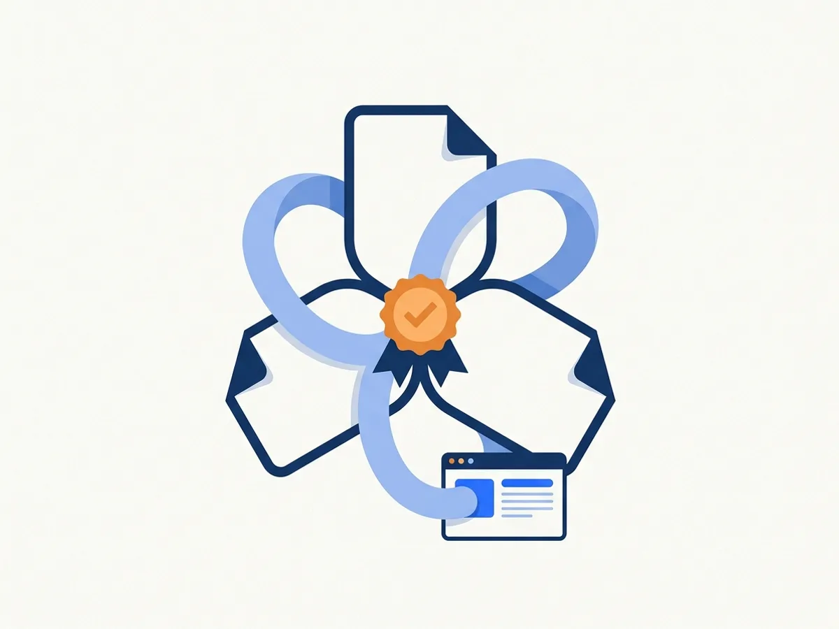 Three documents arranged like a trillium around an orange check seal, linked to a web page