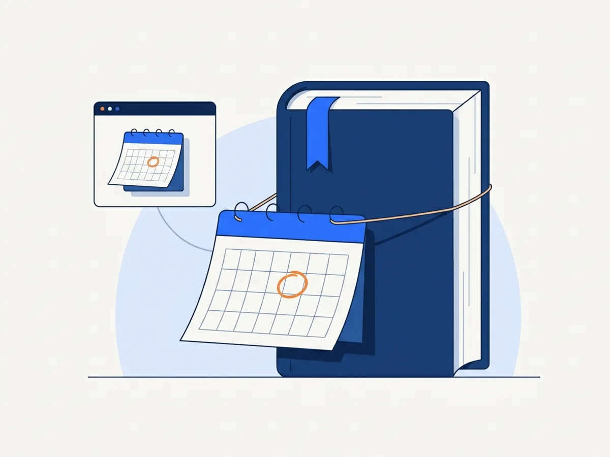 A calendar leaf with an orange ring tied by a cord to a large closed tome; a small browser window shows the same leaf