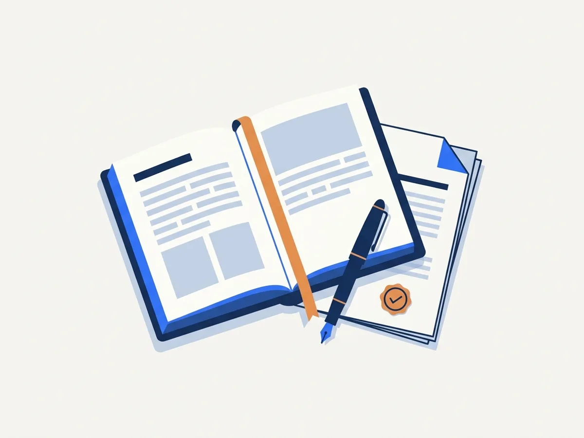 An open journal with an orange bookmark, a fountain pen and a stack of sealed documents
