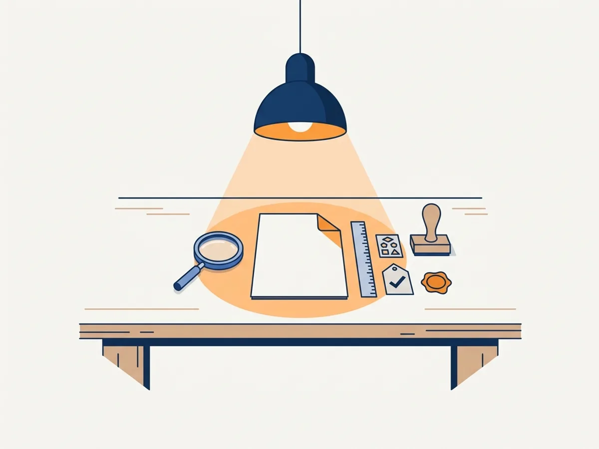 A desk lamp lights a document on a workbench beside a magnifier, ruler and stamp