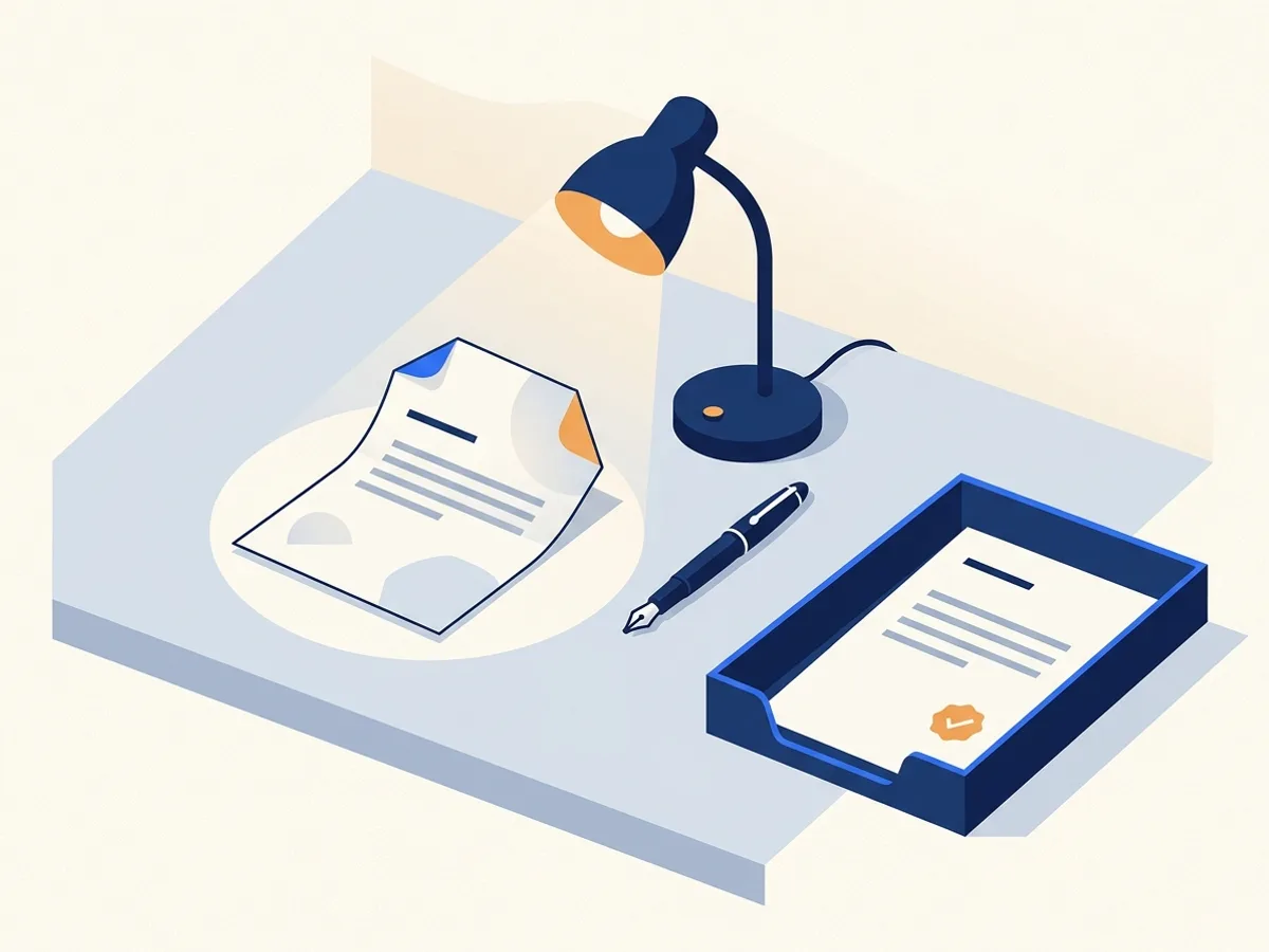 A letter slides into the light of a desk lamp beside a pen; a reply sheet with an orange seal waits in the tray