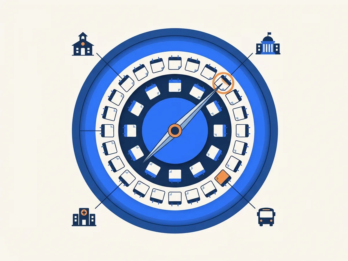 A circular calendar dial whose pointer rests on one highlighted date, linked to four organization icons