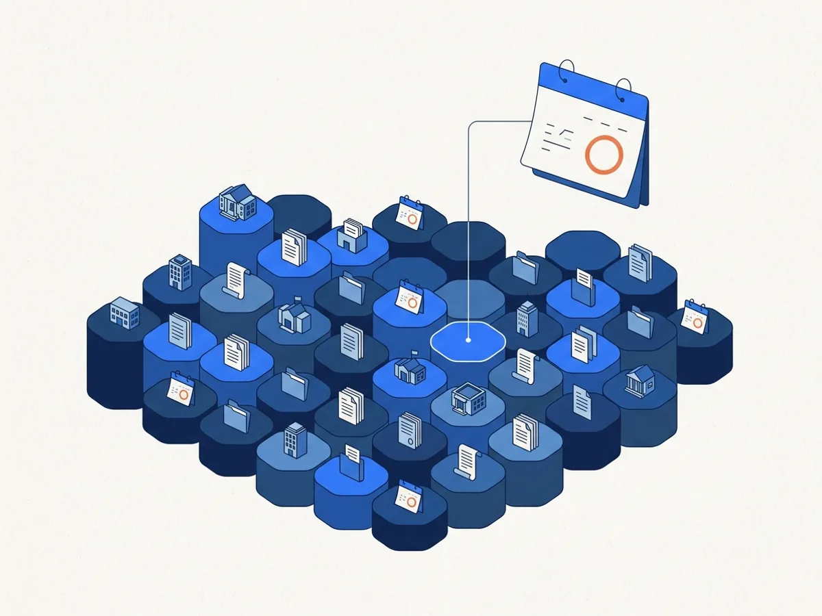 An isometric mosaic of hexagonal tiles carrying tiny buildings, documents and calendar markers