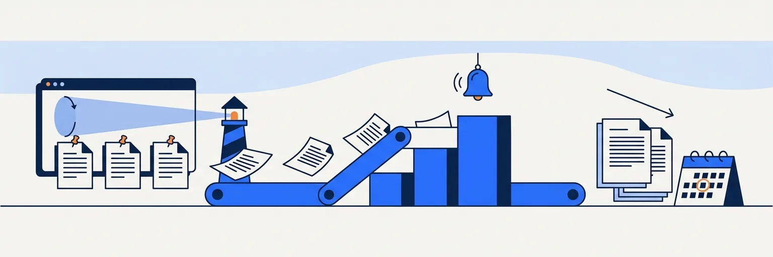 A beam sweeps documents from a website onto a belt that ranks them, rings a bell, and ends at a monthly report