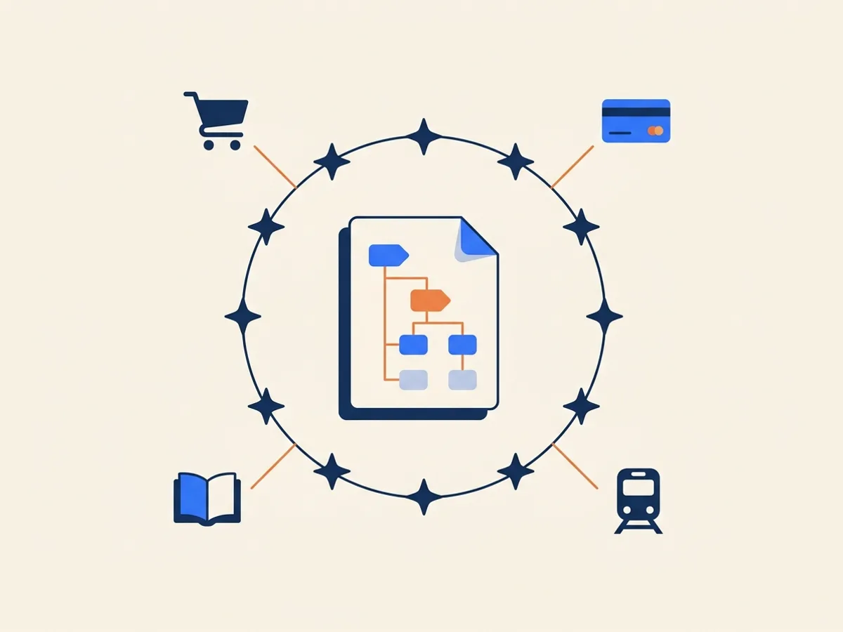 A ring of twelve stars around a tagged document, linked to shopping, banking, e-book and transport icons