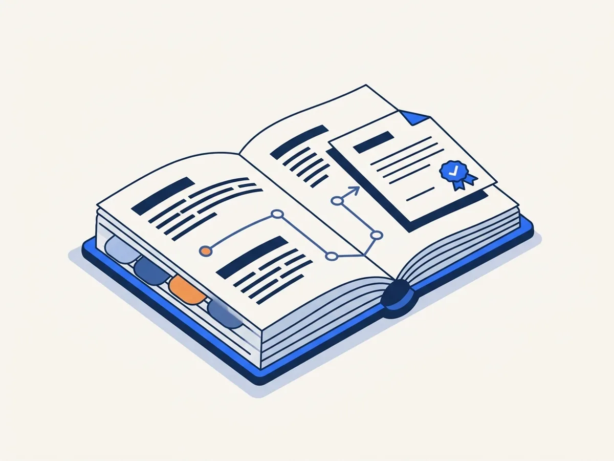 An open bound manual with an orange tab and a waypoint route across its pages ending at a checked document