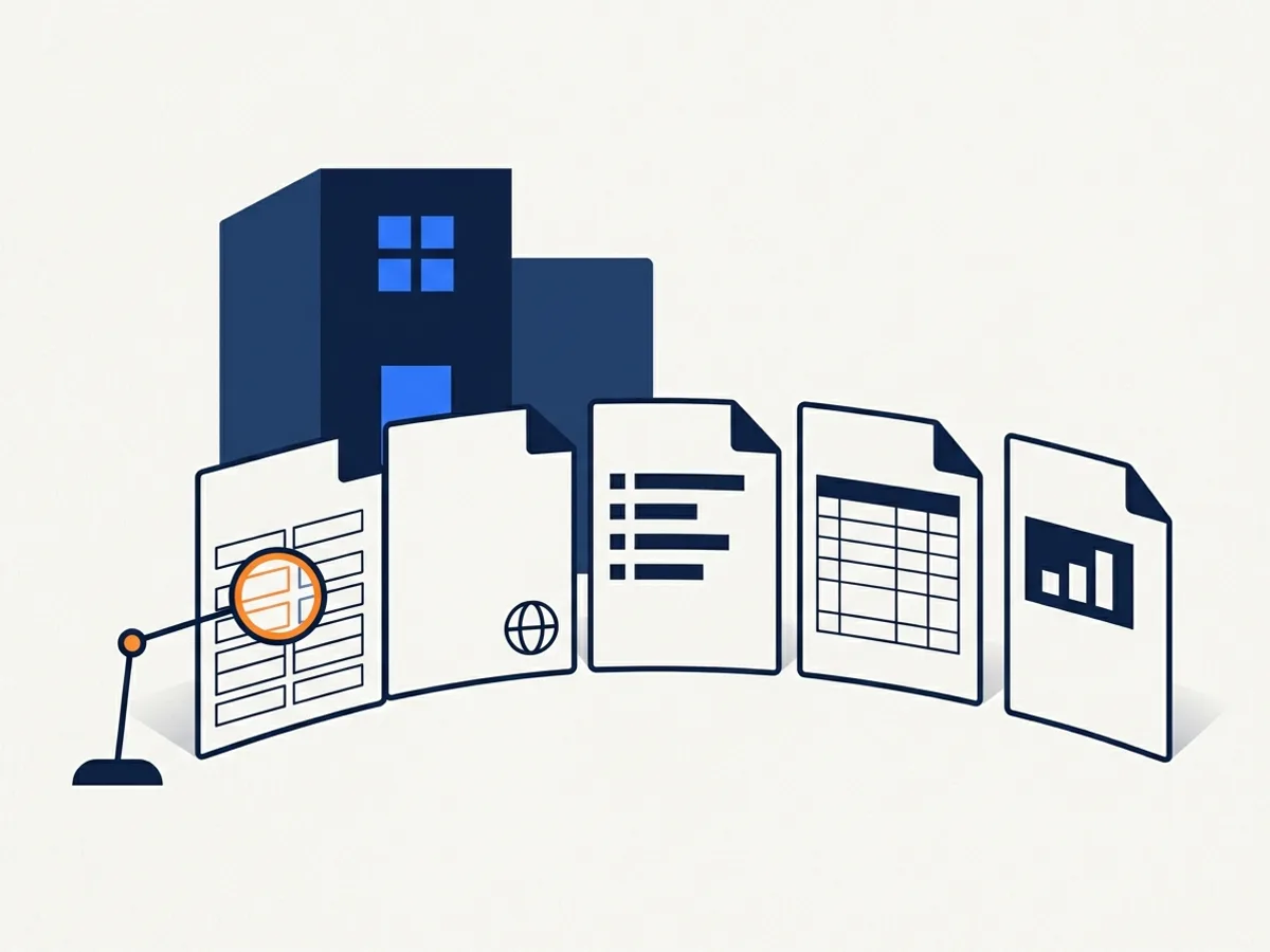 A hospital with a blue plus window behind five patient documents; a lens rings one intake-form field in orange