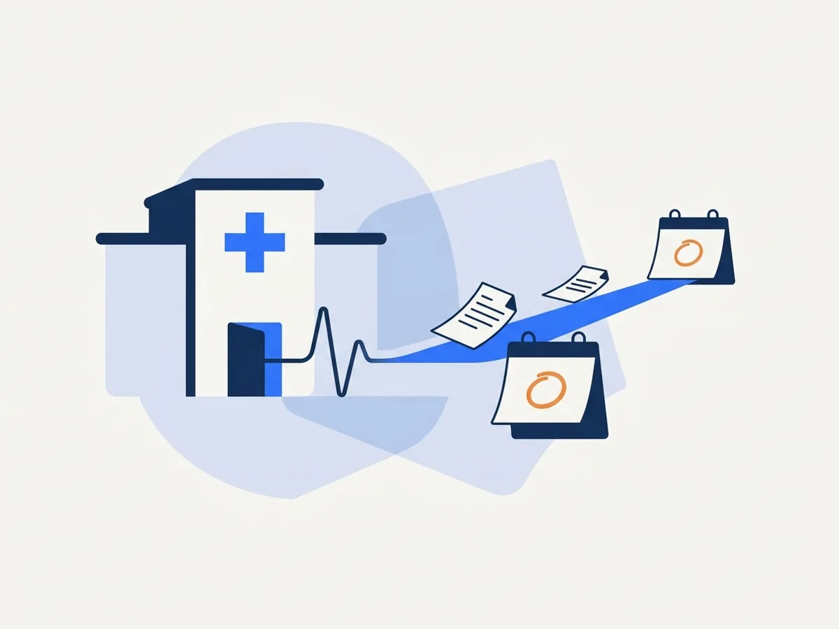A hospital building with a heartbeat line carrying documents toward two calendar pages