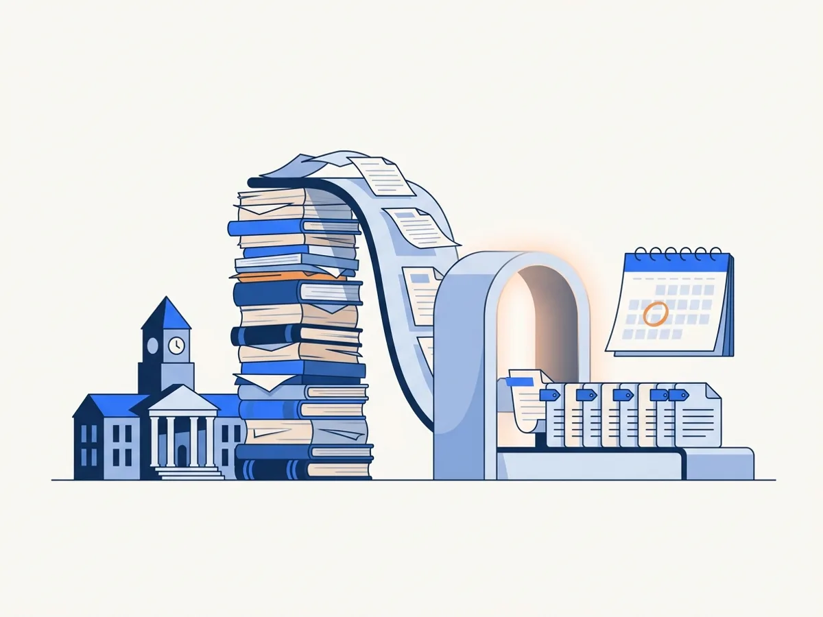 A campus clock tower beside a tall stack of course documents feeding through an arch toward a calendar