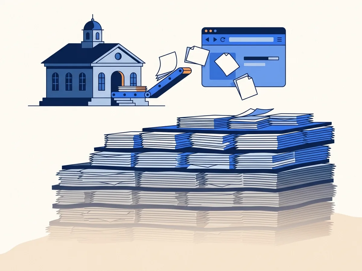A courthouse conveyor posts a few documents up to a website window while older ones lie in deep fading layers beneath