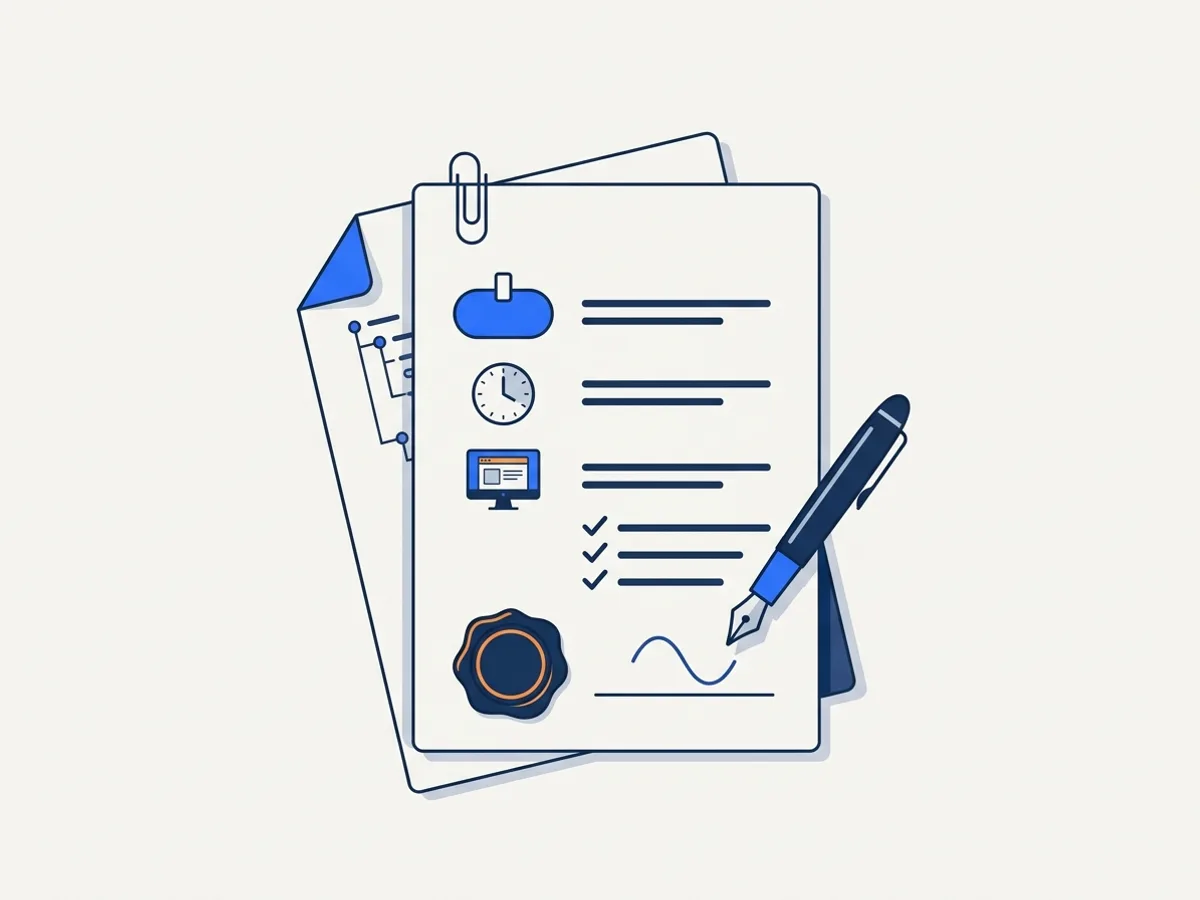 An attestation sheet clipped to a document, with a badge, clock, checklist, seal and a pen resting on it
