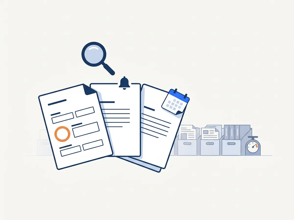 Three documents to act on — a form, a notice, a dated page — under a lens; archived newsletters behind them with only a gauge