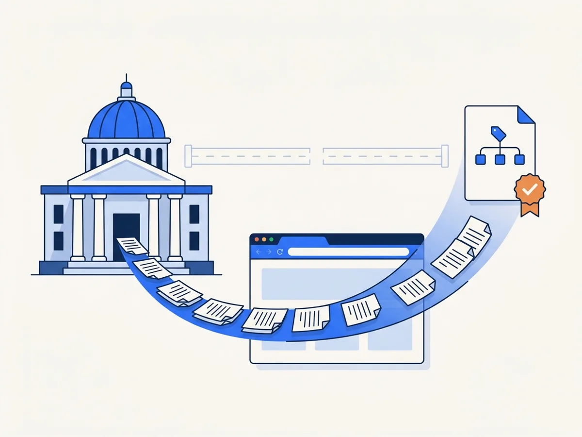 Documents flow from a civic building to a public website, where a scan beam carries them to a verified file; a direct pipe is dashed and broken