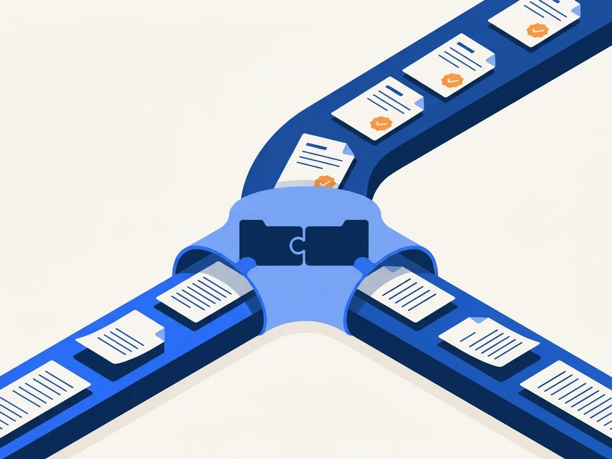 Two conveyor streams of documents interlock at a joint and continue as one verified stream