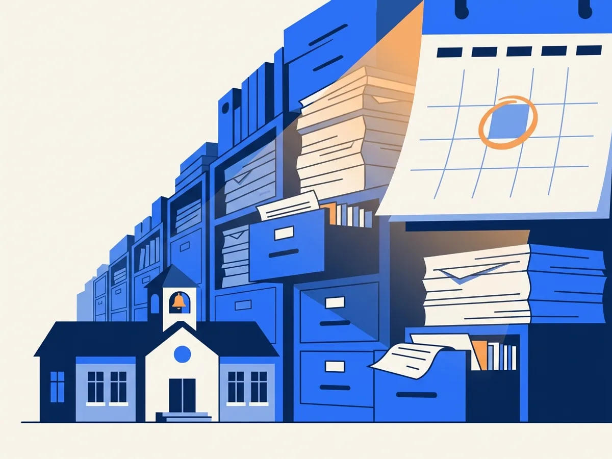 A small civic building beside years of overflowing document drawers, under a calendar marked with an orange ring
