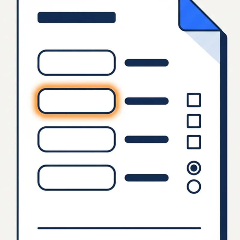 A form page of empty fields, checkboxes and radio buttons, one field with an orange focus ring