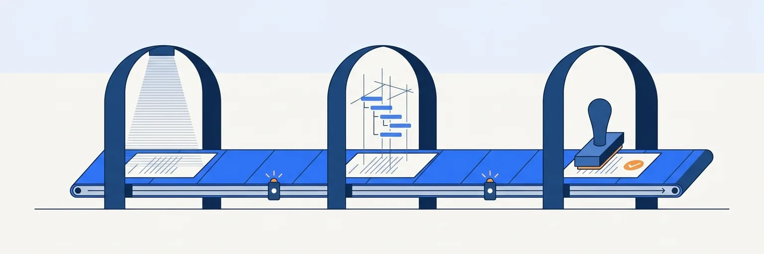 A document on a conveyor passes three archways: a scan grid, a tag-tree scaffold, an orange check seal