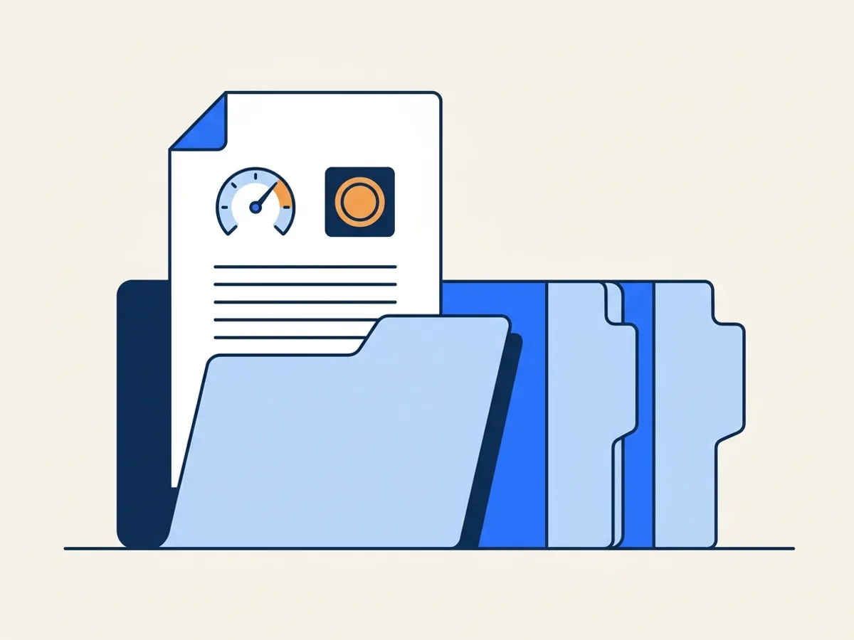 A report with a gauge dial and an orange-ringed seal being filed into a shelf of folders