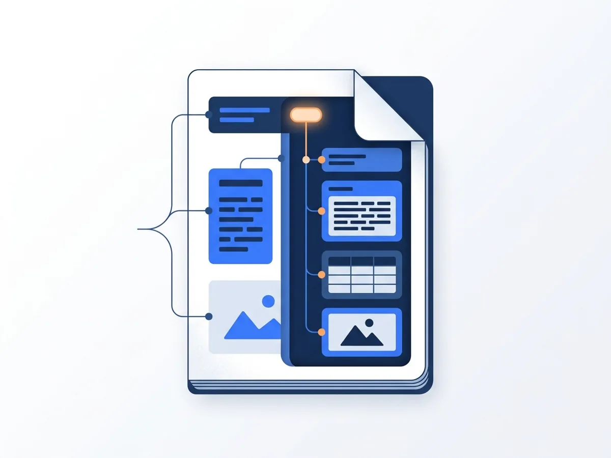 A document's front page peels back to reveal its nested tag tree of headings, tables and images
