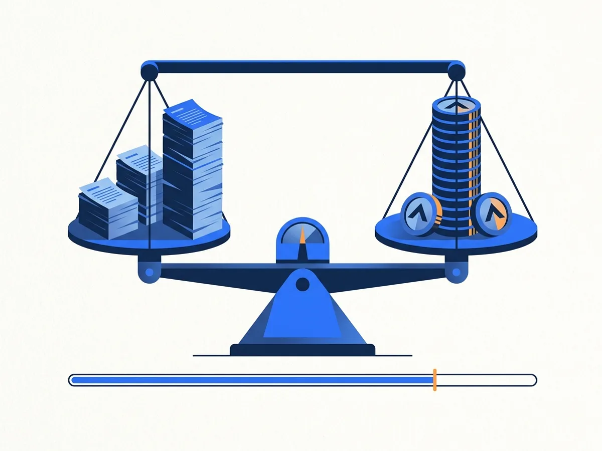 A level balance scale holding stacks of pages on one side and credit tokens on the other