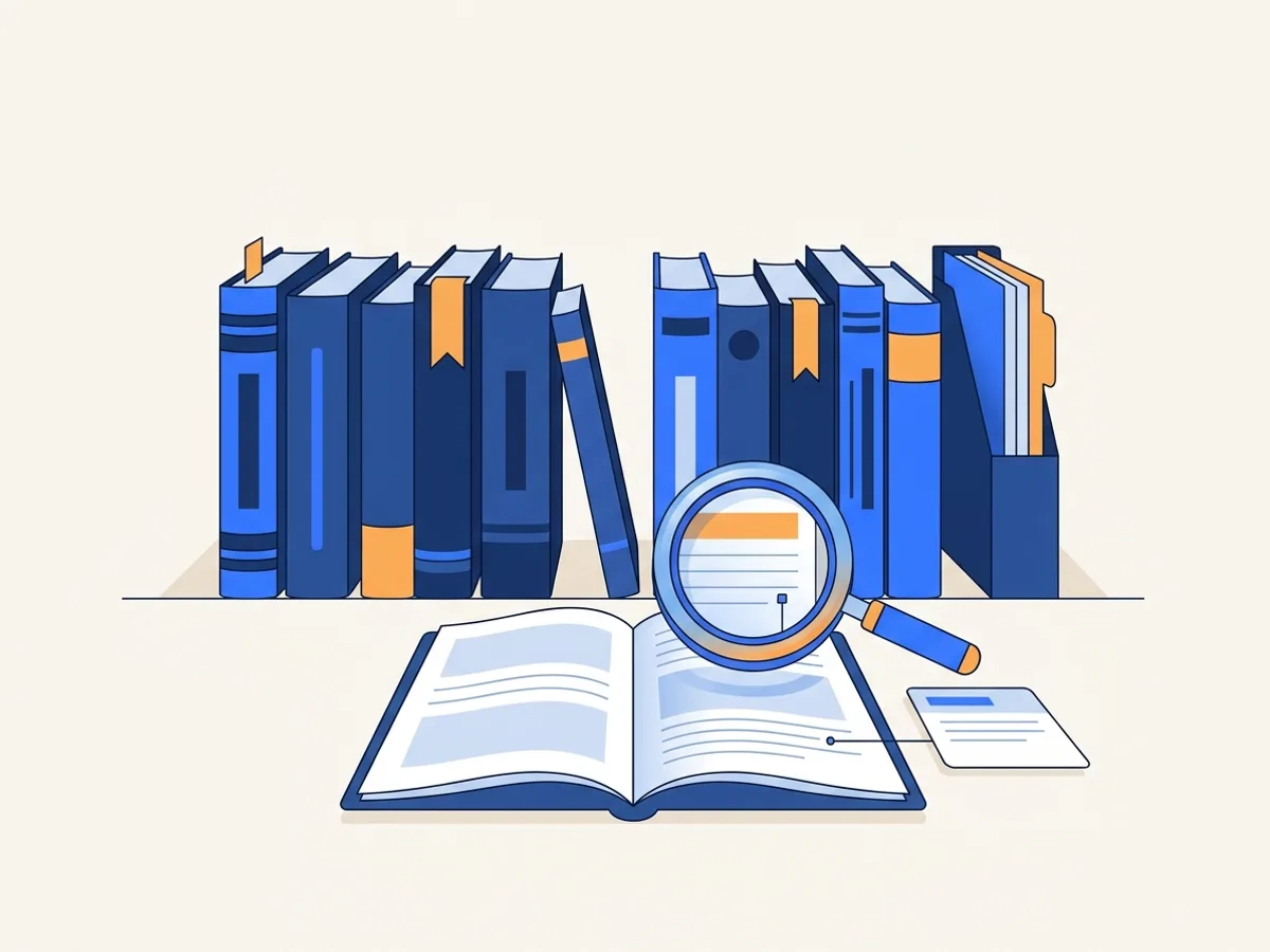 A shelf of bound guides with orange bookmarks and an open document under a magnifying glass