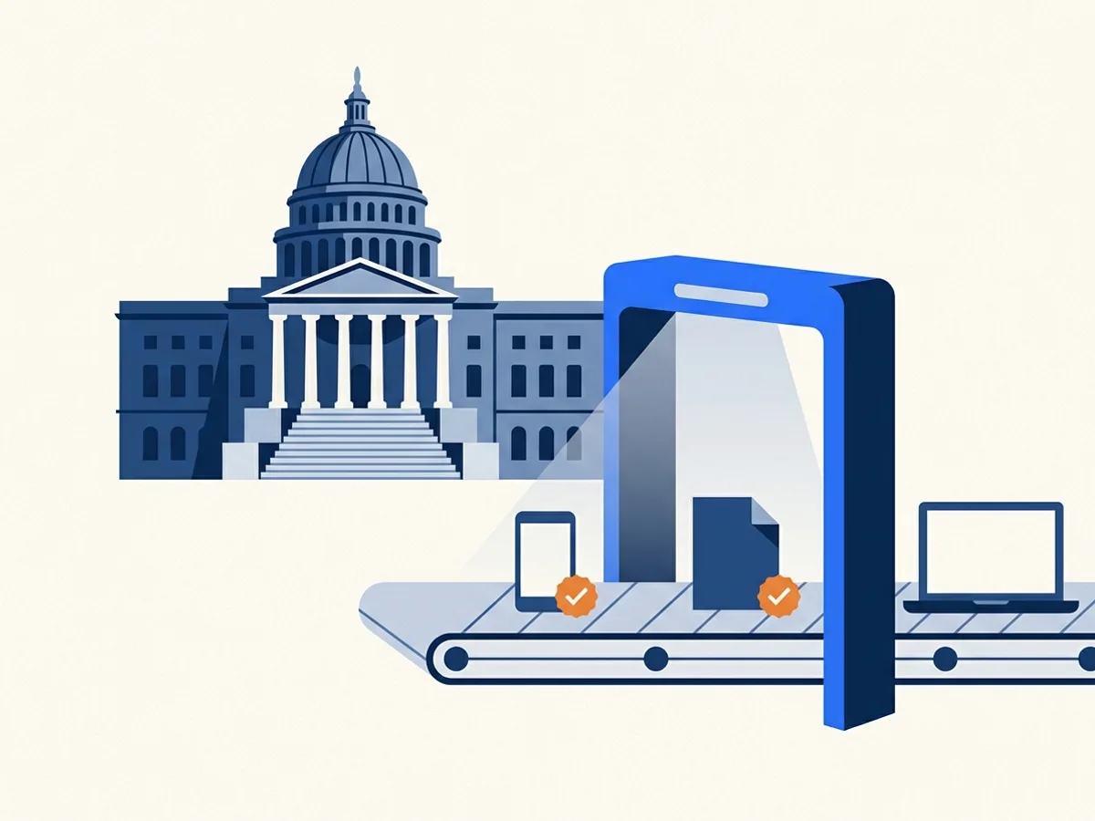 A domed federal building behind a conveyor carrying a laptop, a document and a phone through a checkpoint arch