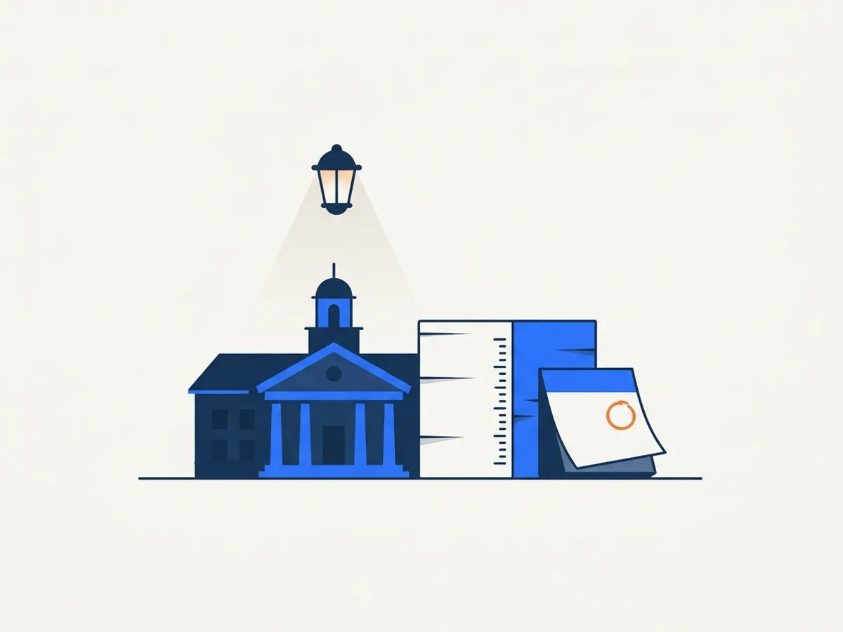 A civic building under a lantern beam beside a counted stack of documents and a calendar leaf with an orange ring
