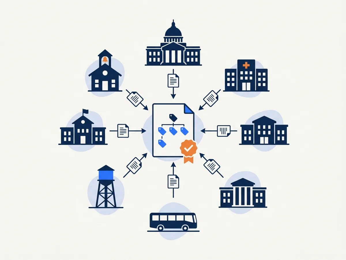Civic buildings of every kind ring a single verified document, each sending documents inward