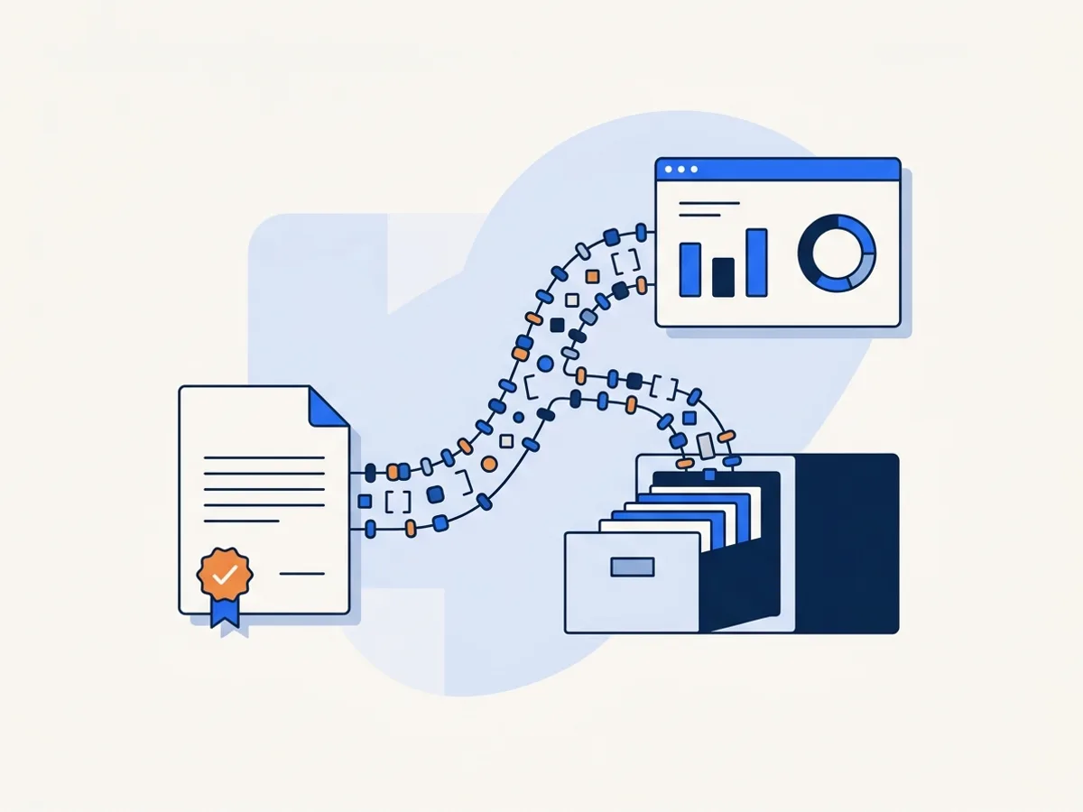 A report streams as data tokens into an archive drawer and a dashboard of bars and a ring gauge