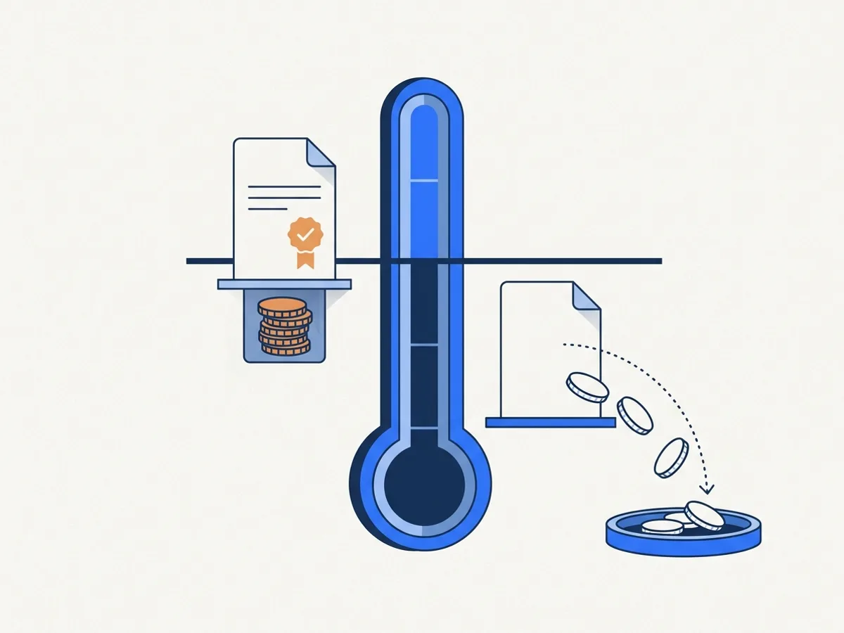 A threshold gauge: a document above it keeps its credits, one below it sends its credits back to a tray