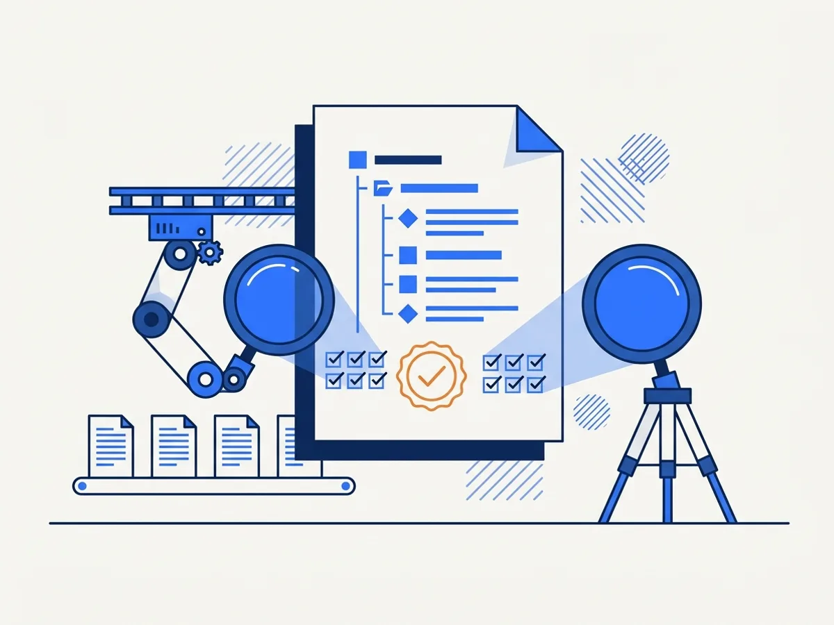 Two lenses check one tagged document; one lens runs on a rail with documents queued behind it