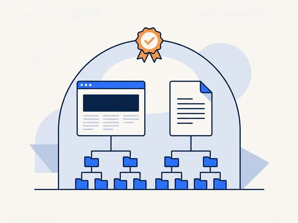 A web page and a document side by side under one arch, sharing the same tag tree and check seal