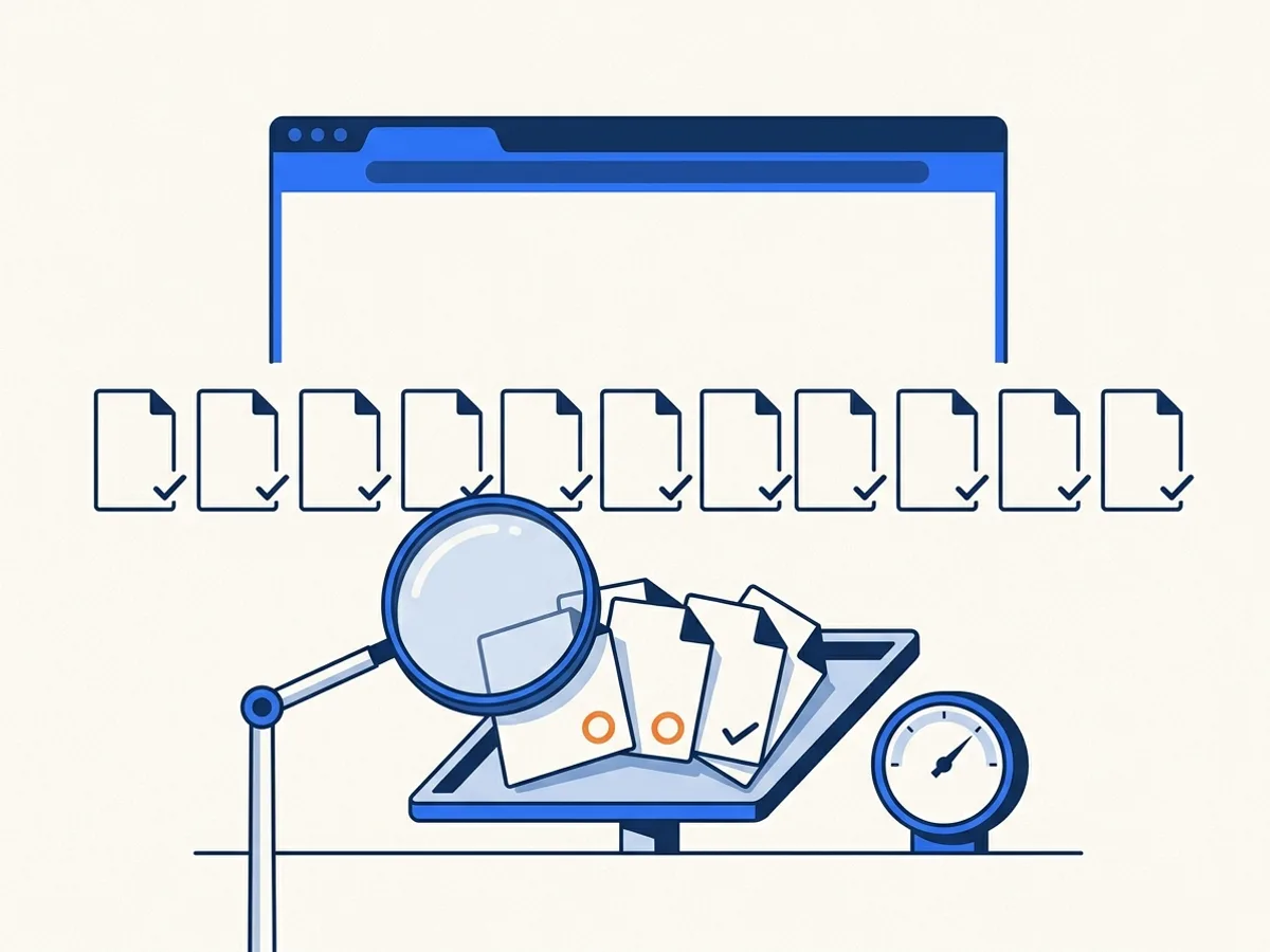 A row of ticked documents under a browser window; a lens lifts a few onto a tray, some ringed in orange, beside a small gauge